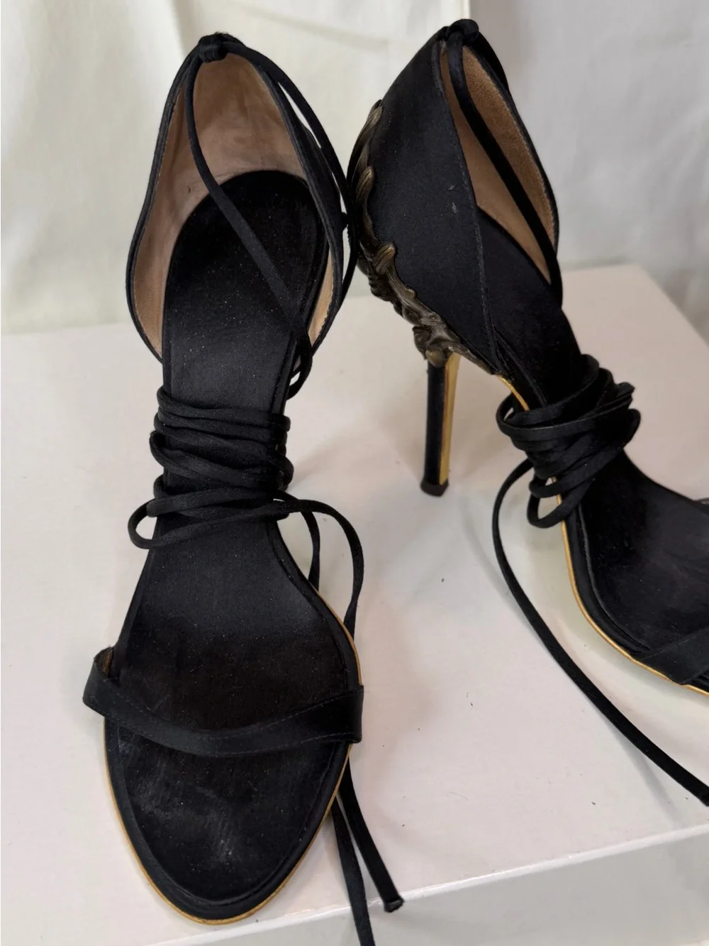 Roberto Cavalli Black Lace-Up Stiletto Heels with Gold Accent